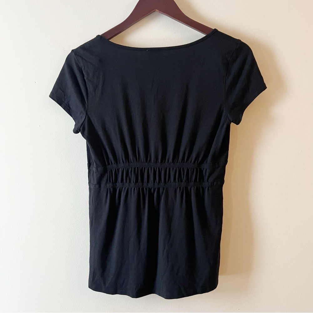 Ann Taylor Modal Black Short Sleeve Top Ruched Front Size Small Round Neck - Picture 5 of 8